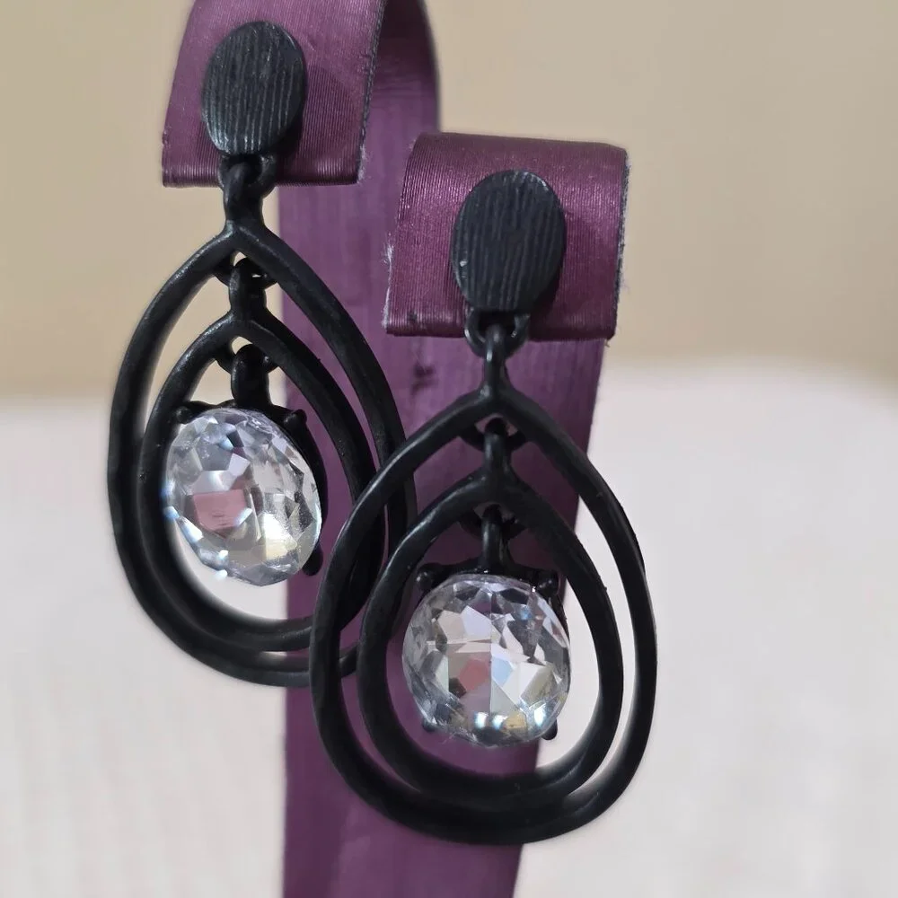 Matte Black Metal Two Teardrop Large Center Rhinestone Dangle Pierced Earrings